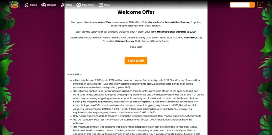 Welcome bonus at Aztec Wins