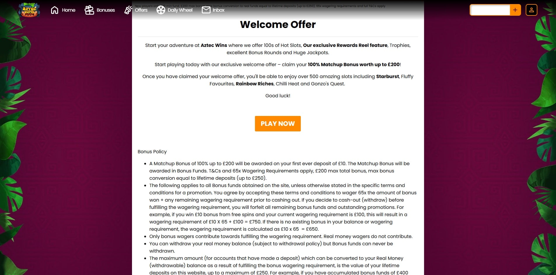 Aztec Wins welcome bonus