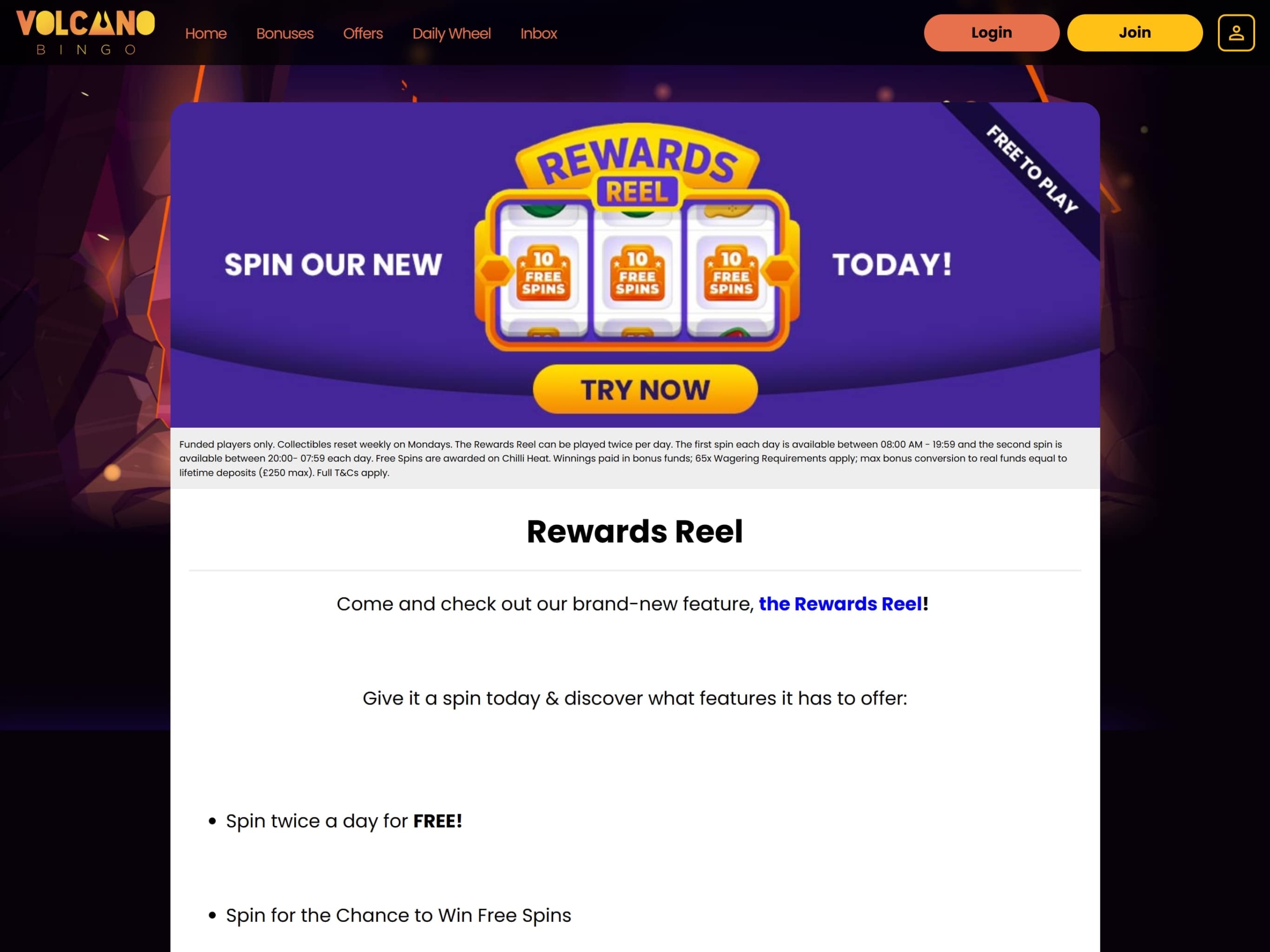 Volcano Bingo Daily Free Spins Bonus