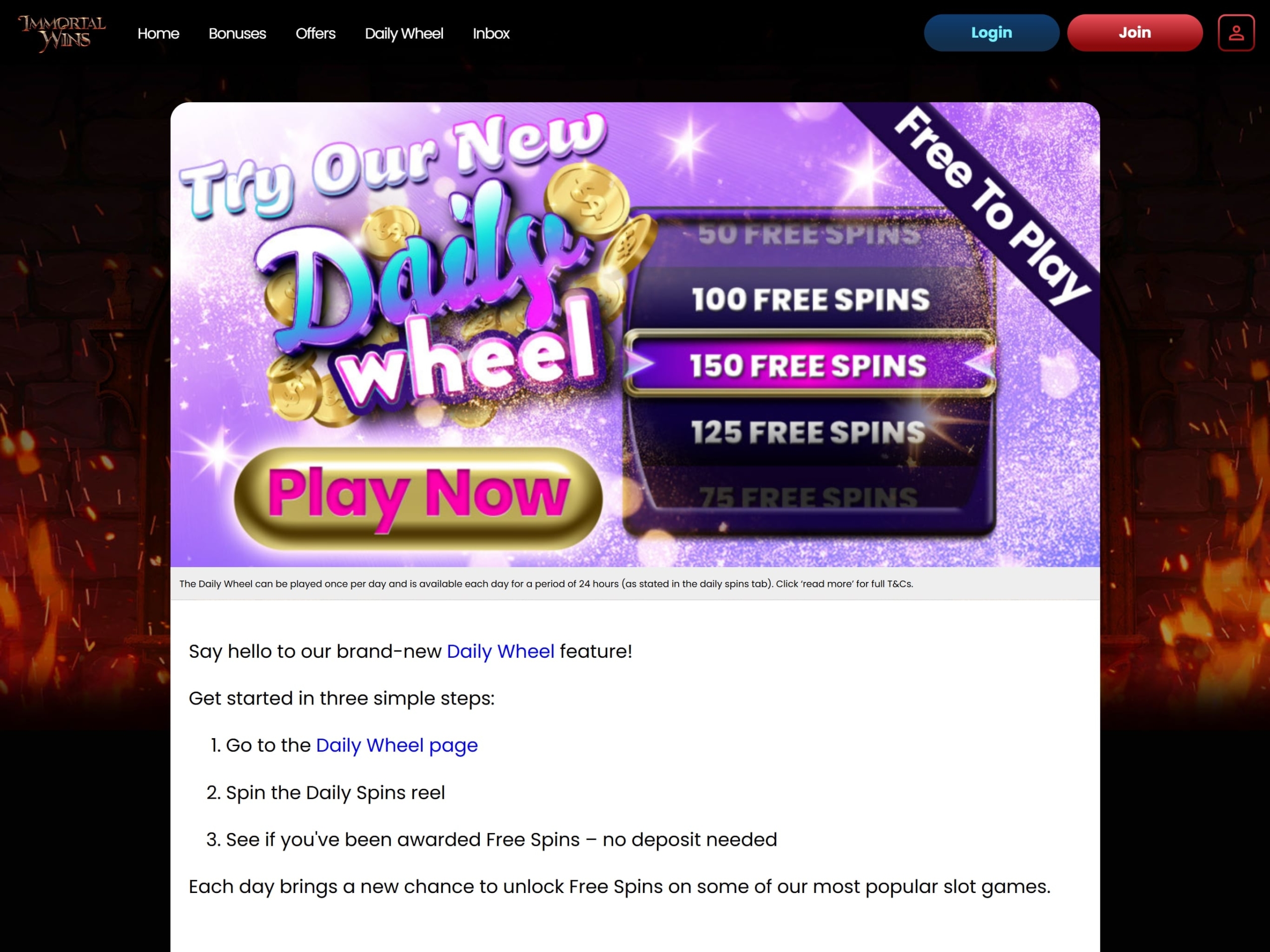 Immortal Wins Casino Daily Free Spins Bonus Wheel