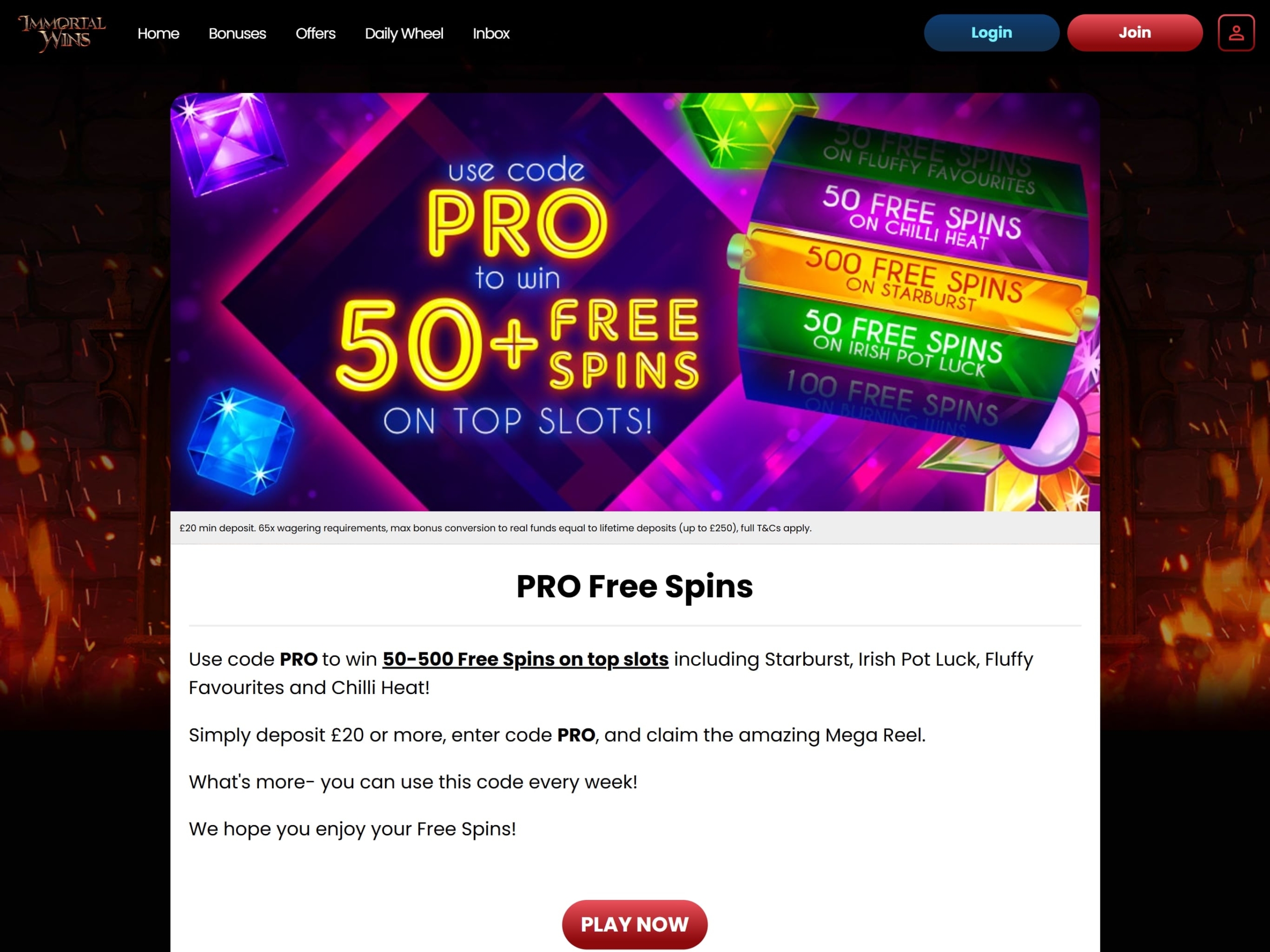 Immortal Wins Free Spins Promo Code