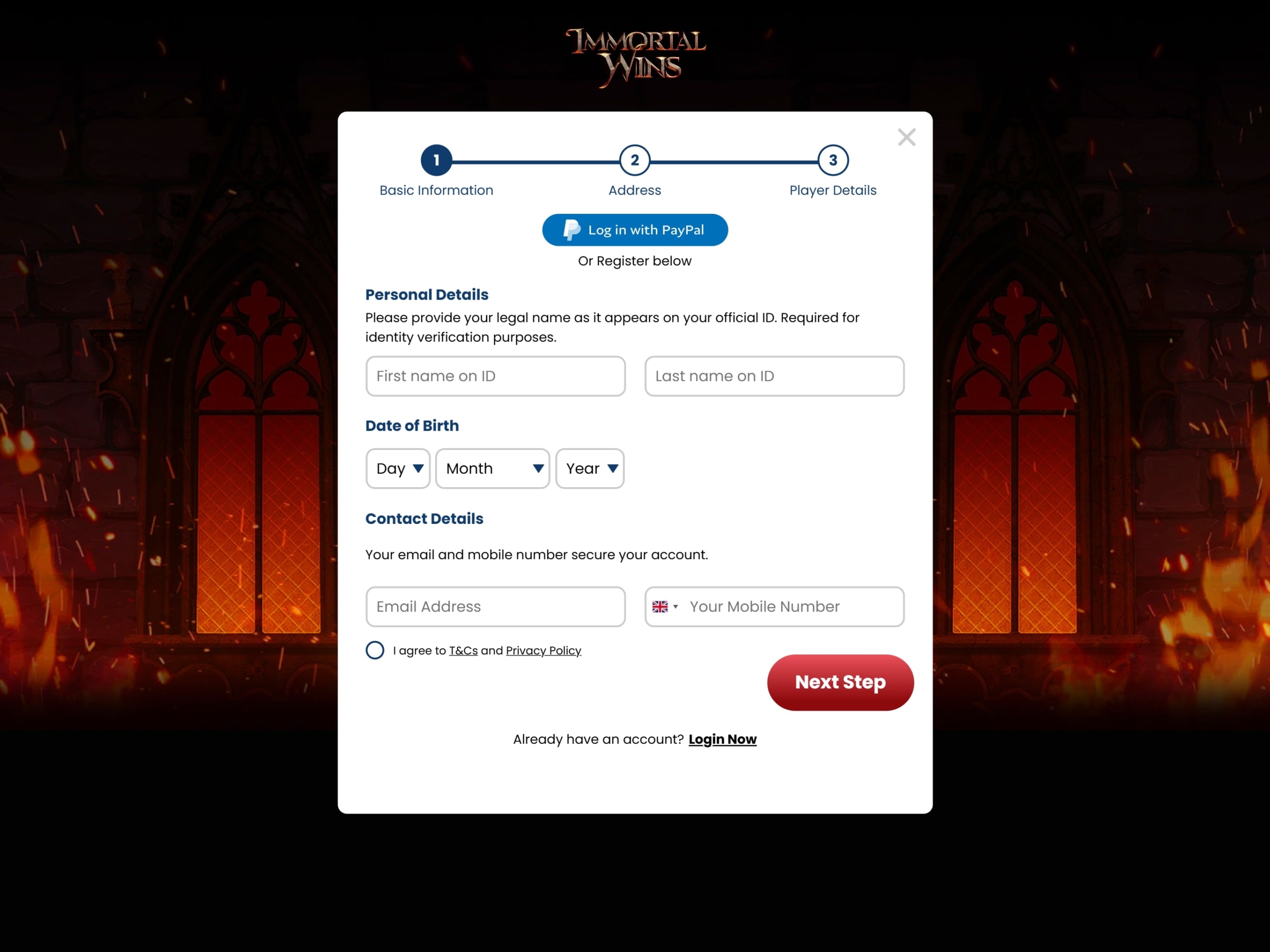 Immortal Wins Casino Signup Form