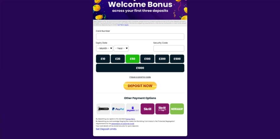 The deposit page at Big Thunder Slots