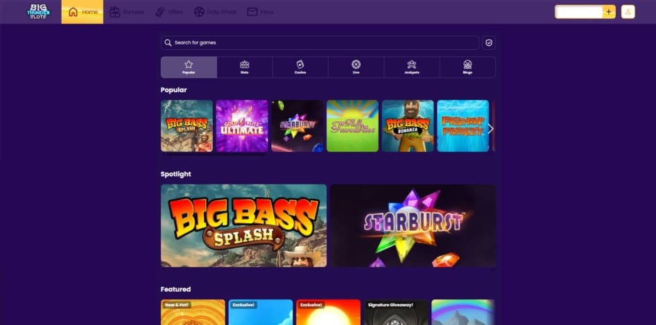 The games library at Big Thunder Slots