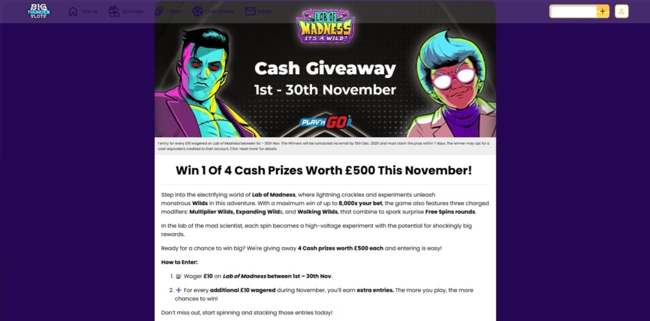 The cash giveaway at Big Thunder Slots
