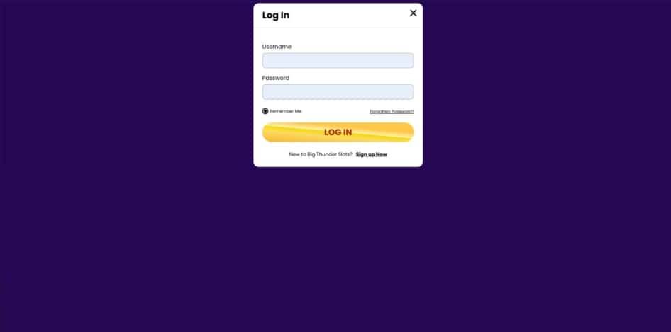 The login page at Big Thunder Slots