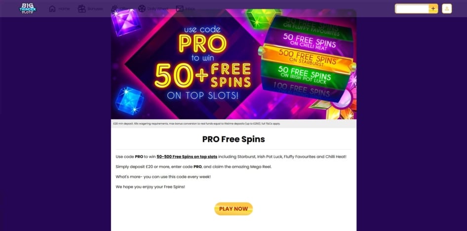 Pro Spins reload bonus at Big Thunder Slots
