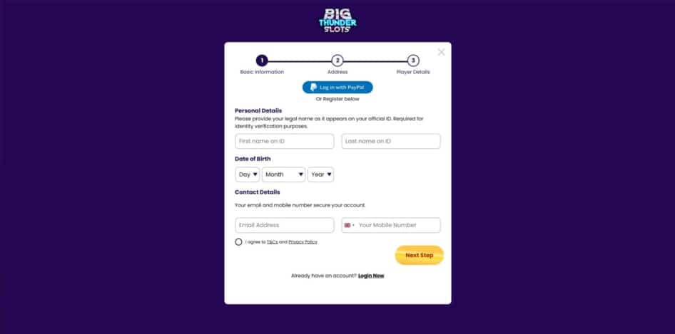 First page of the Big Thunder Slots sign up process