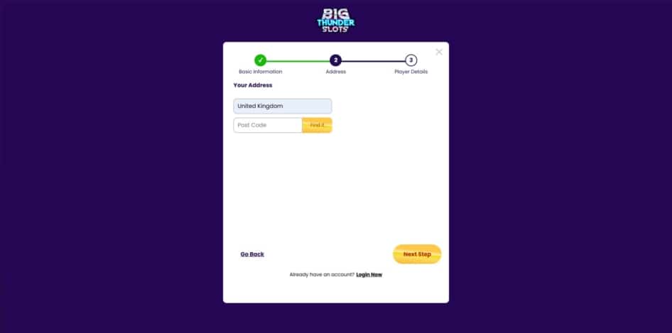 Second page of the Big Thunder Slots sign up process
