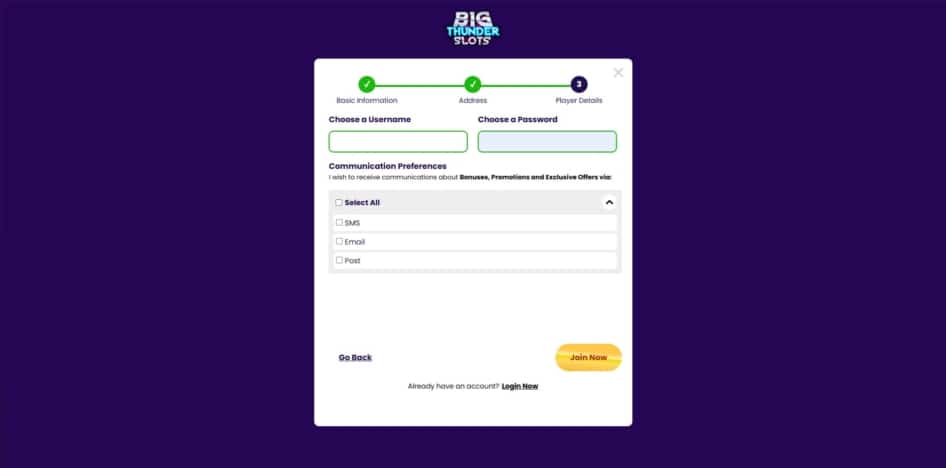 The final page of the Big Thunder Slots sign up process