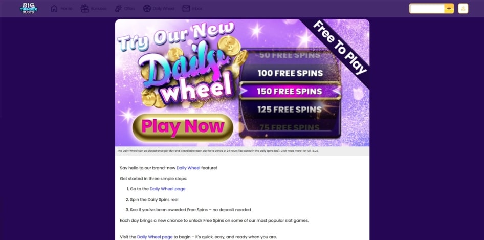 Daily wheel promo at Big Thunder Slots
