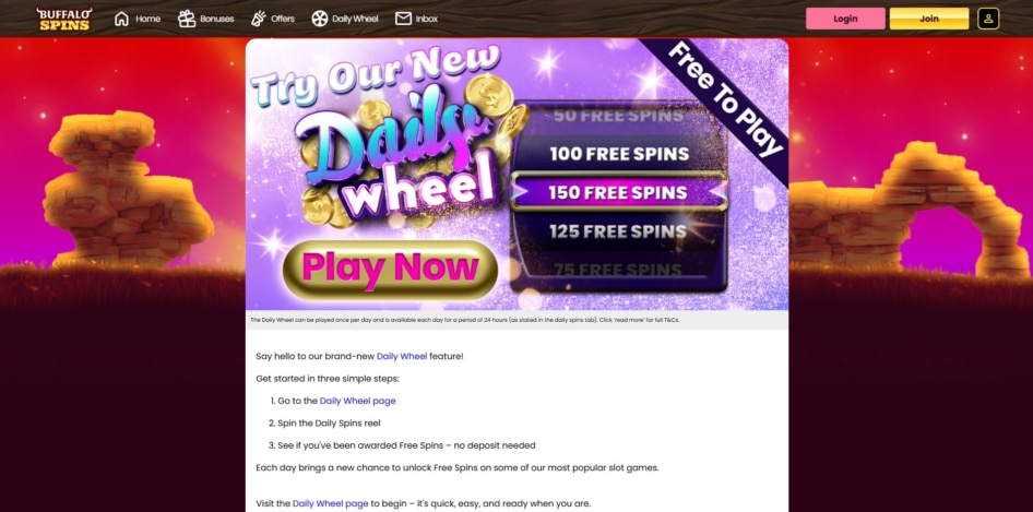The Daily Wheel promotion at Buffalo Spins