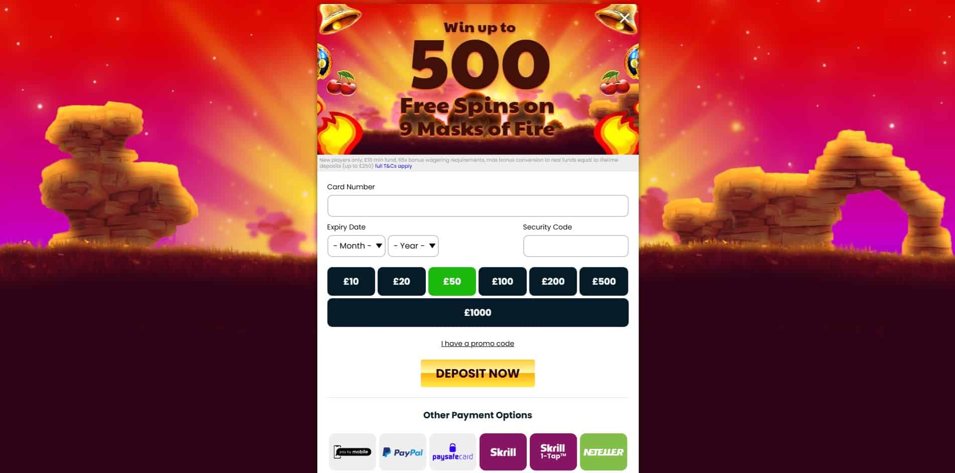 Deposit page at Buffalo Spins