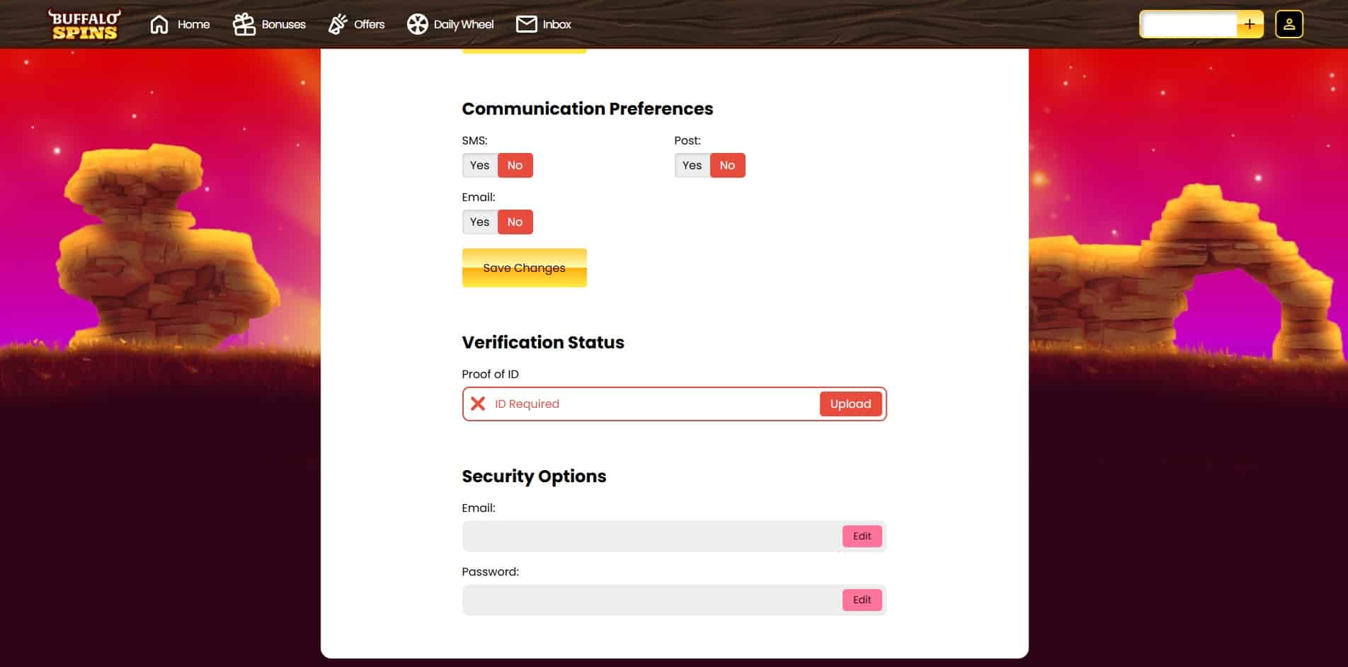 The KYC option in account settings at Buffalo Spins