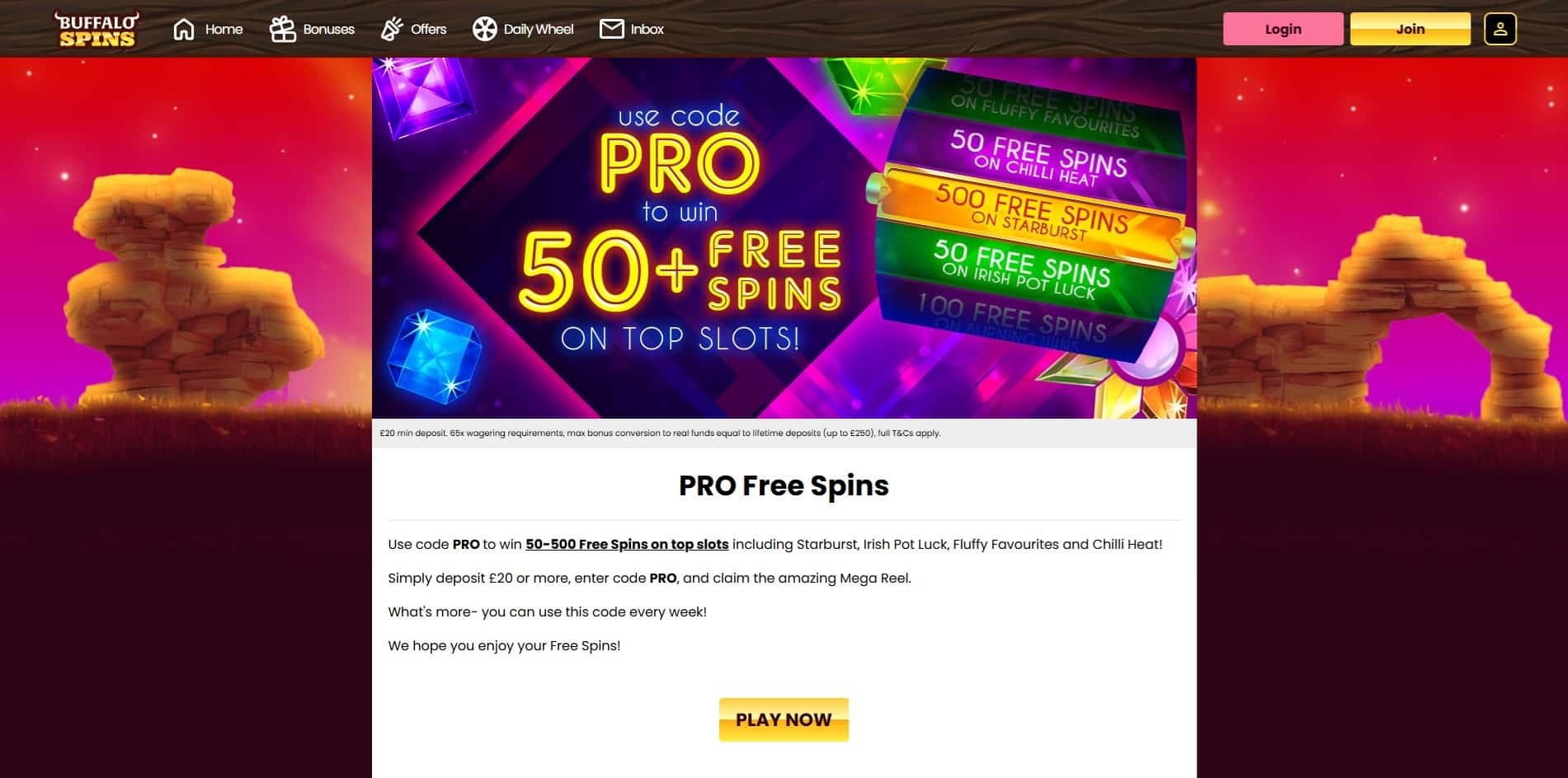 Pro free spins bonus at Buffalo Spins