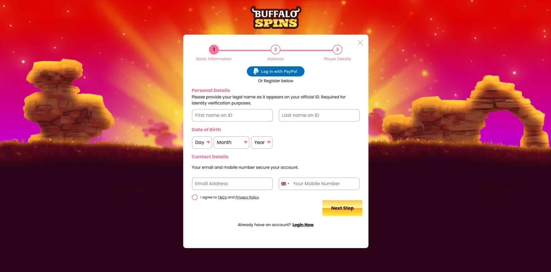 The first page of the Buffalo Spins sign up process