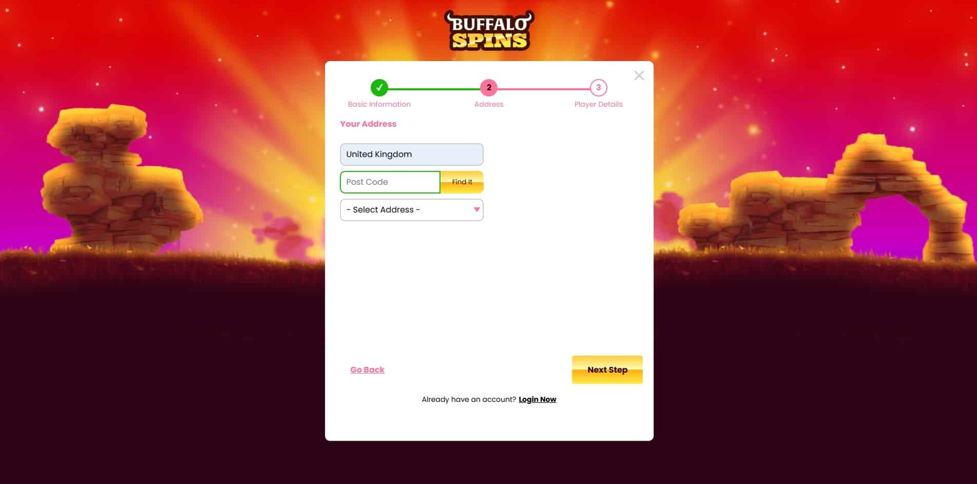 Address page of the Buffalo Spins sign up process