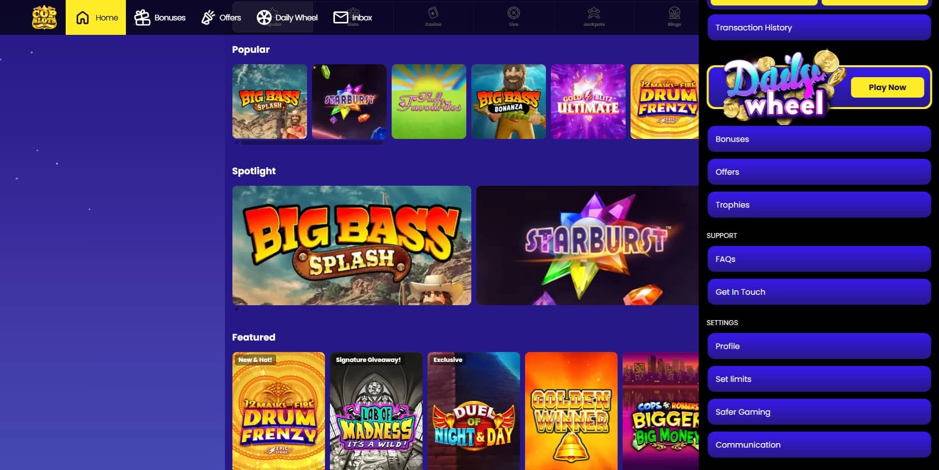 The Cop Slots account menu