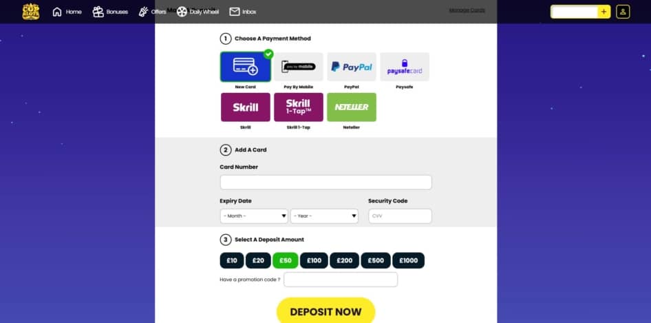 The deposit page at Cop Slots