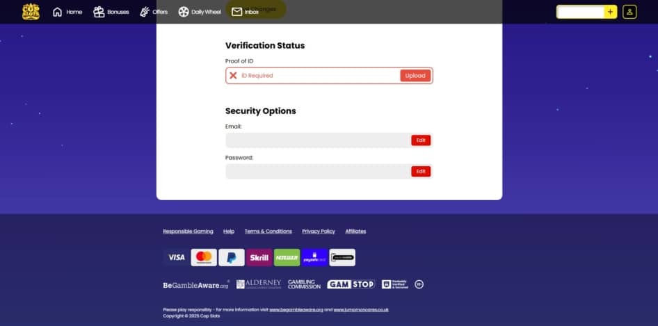 The Cop Slots account details page