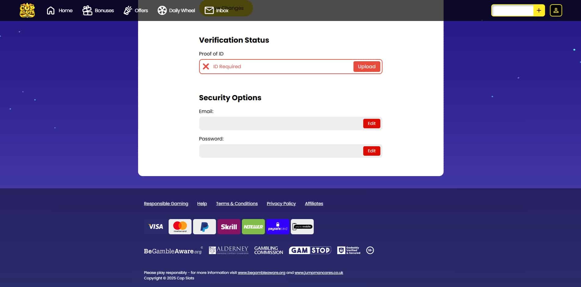 The Cop Slots account details page