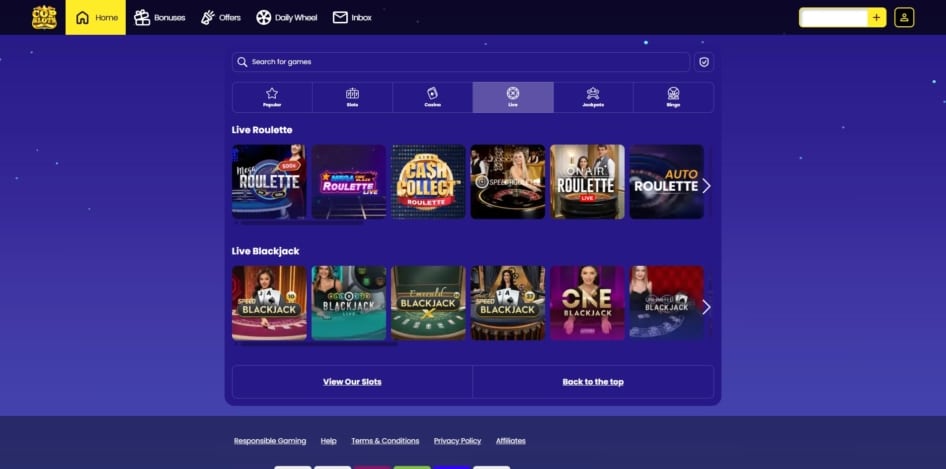 Live Dealer games at Cop Slots