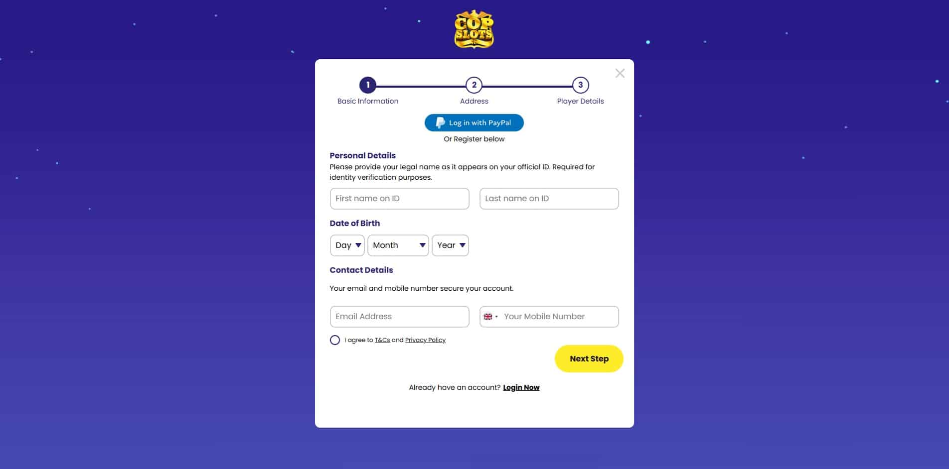 The first page of the Cop Slots sign up process