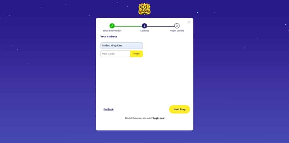 The second page of the Cop Slots sign up process