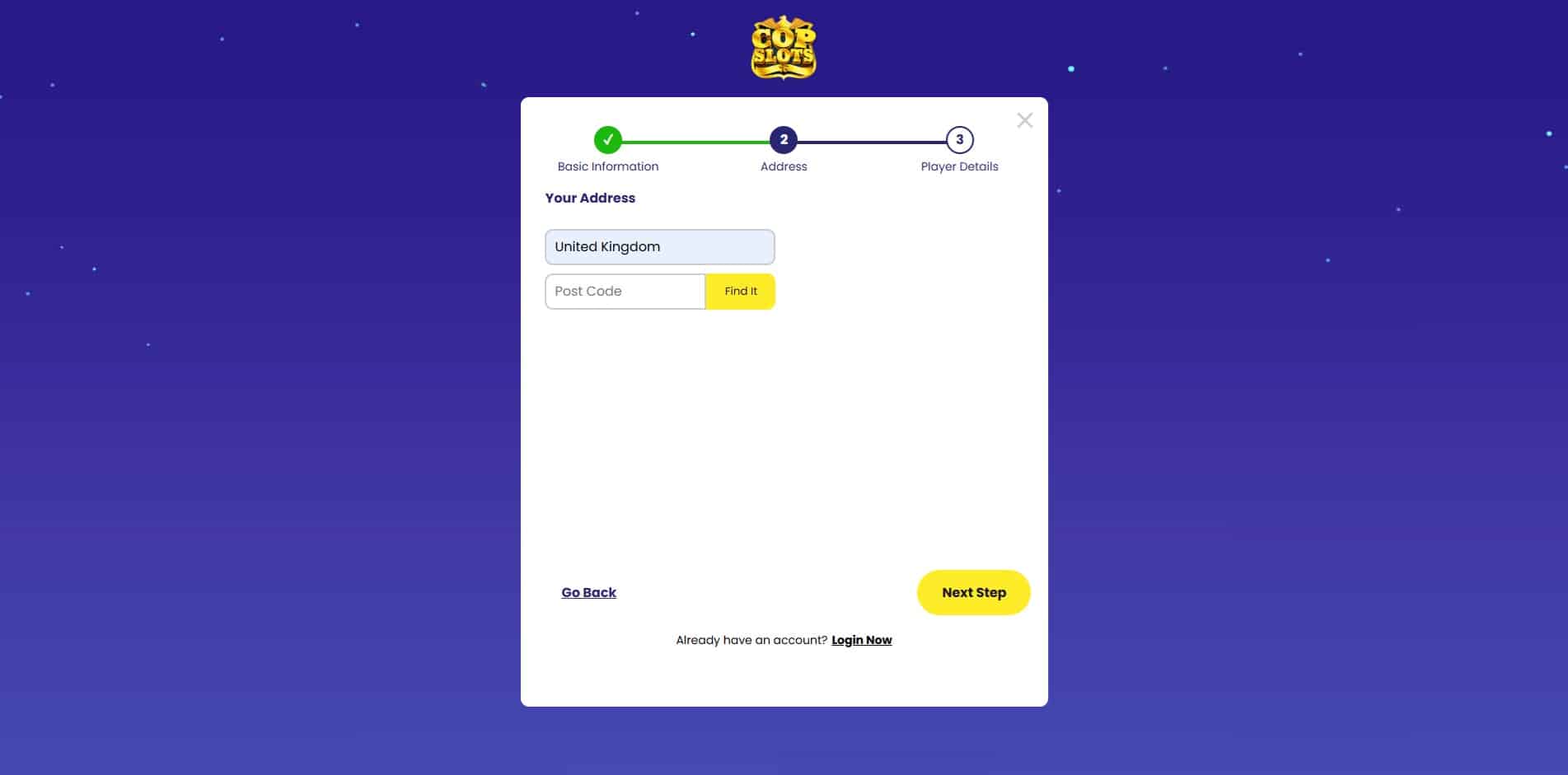 Second page of the Cop Slots sign up process