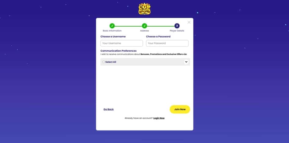 Third page of the Cop Slots sign up process