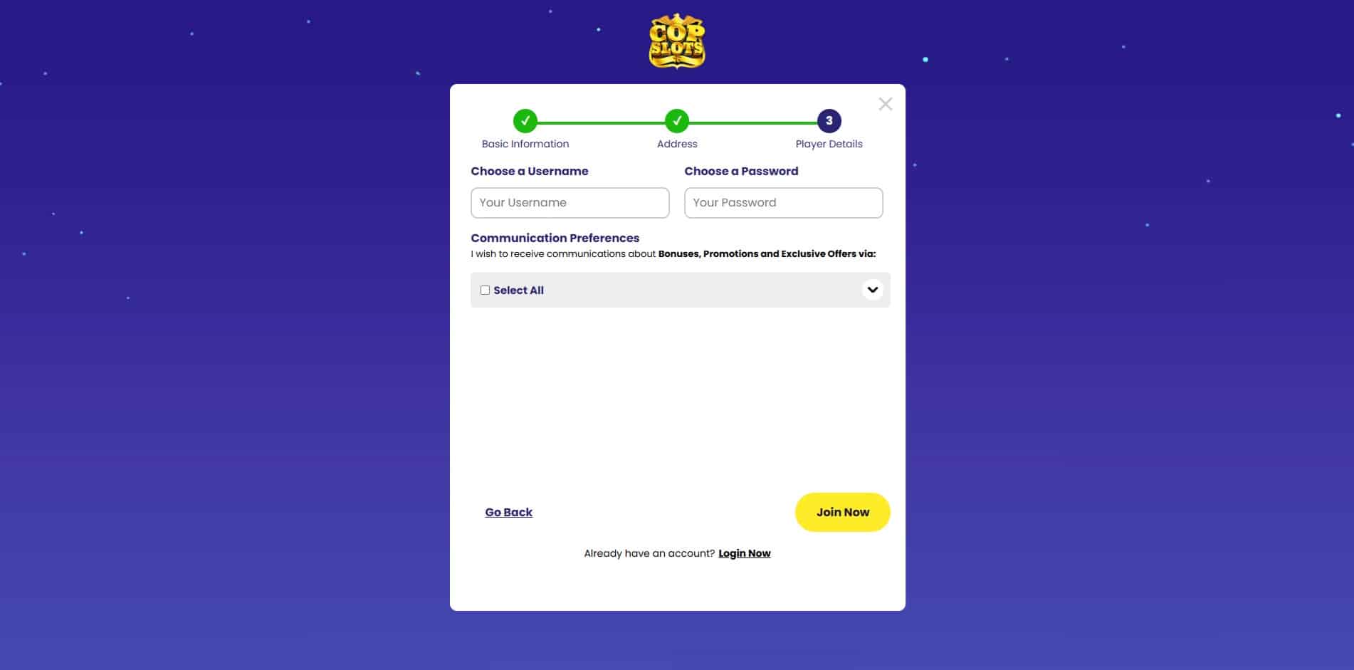 Third page of the Cop Slots sign up process