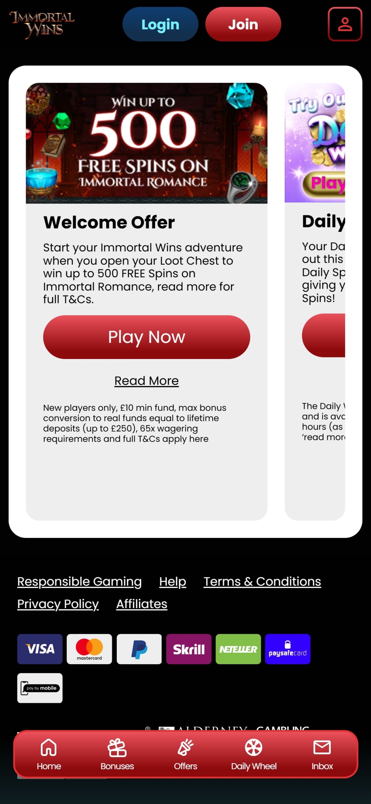 Immortal Wins Mobile Casino Welcome Bonus