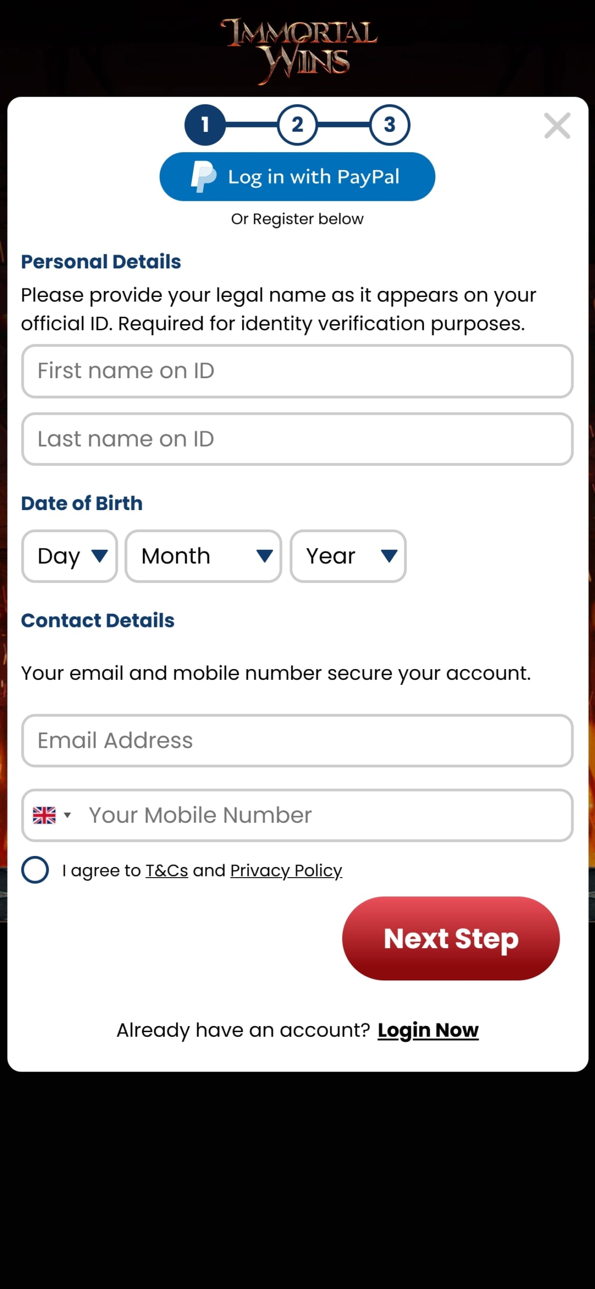 Immortal Wins Signup on Mobile