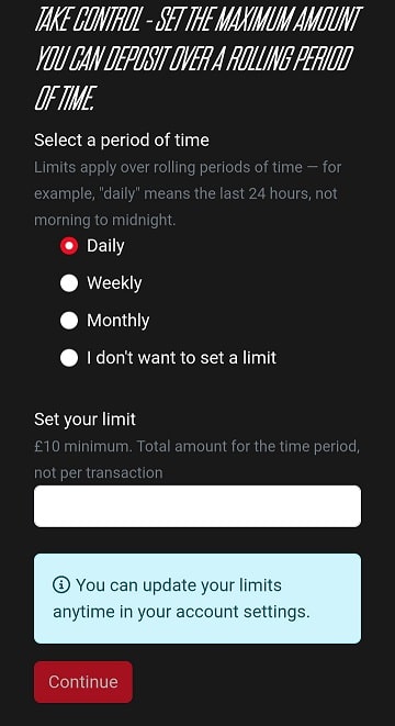 The SpinRider App allows you to set up custom deposit limits
