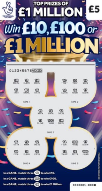 Sample of a cut scratch card Win £10, £100 Or £1 Million