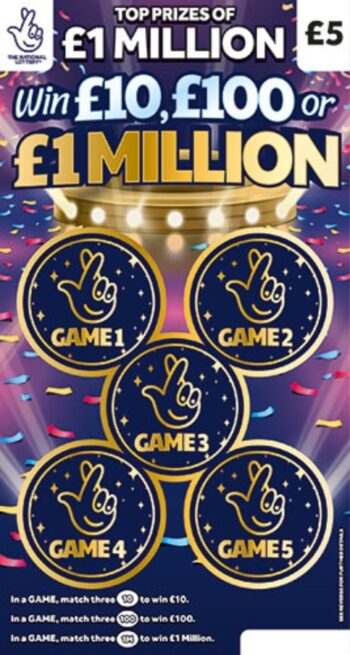 Sample of an uncut scratch card Win £10, £100 Or £1 Million