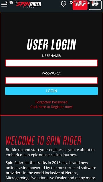 Login button at SpinRider can be found in the upper-right corner of the site