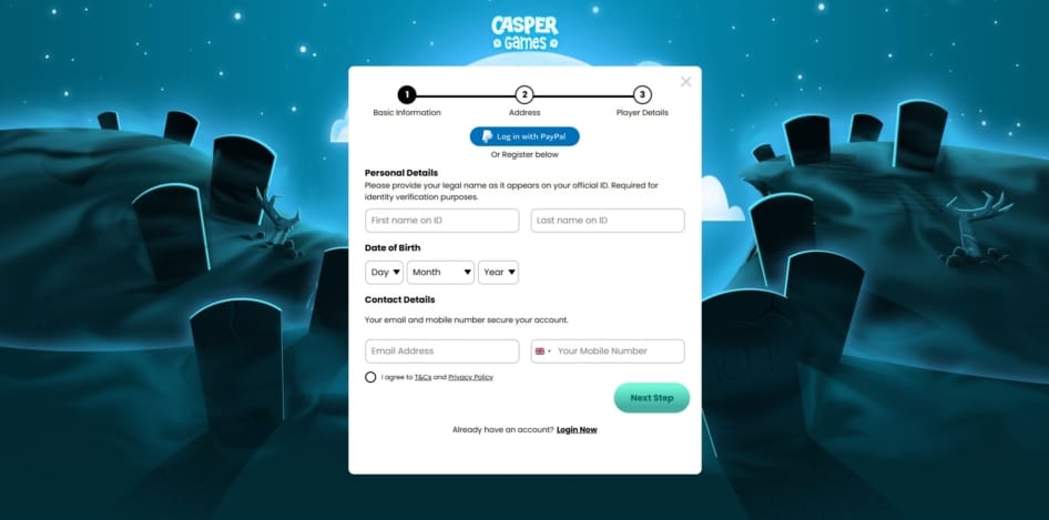 First page of the sign up process at Casper Games