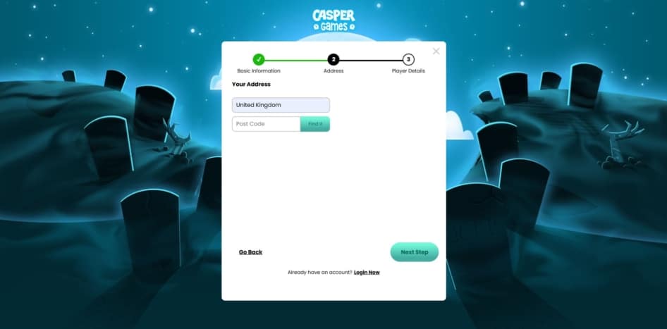 The second page of the Casper Games sign up process