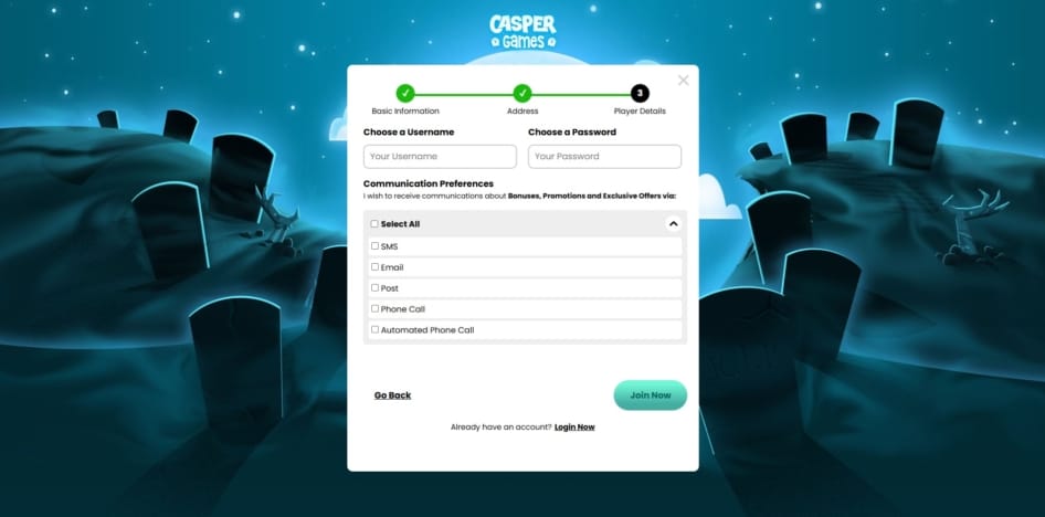 Final page of the Casper Games sign up process