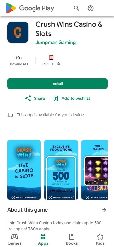The Crush Wins app on Google Play