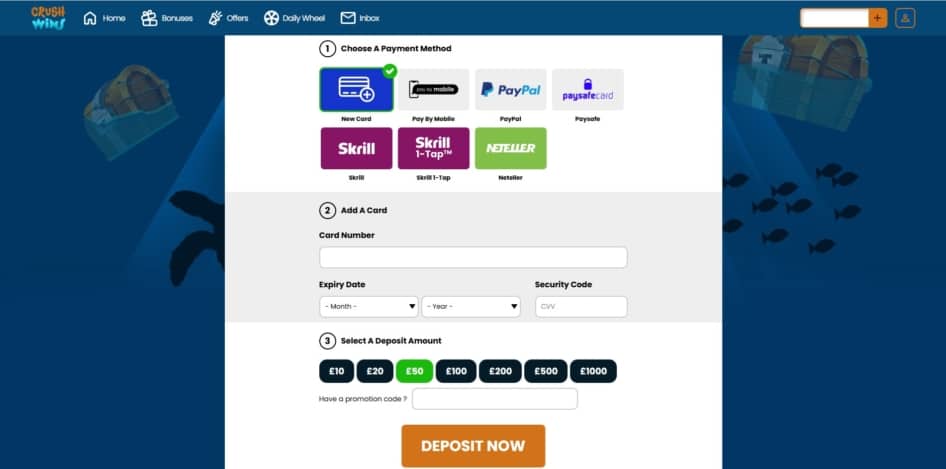 Deposit page at Crush Wins