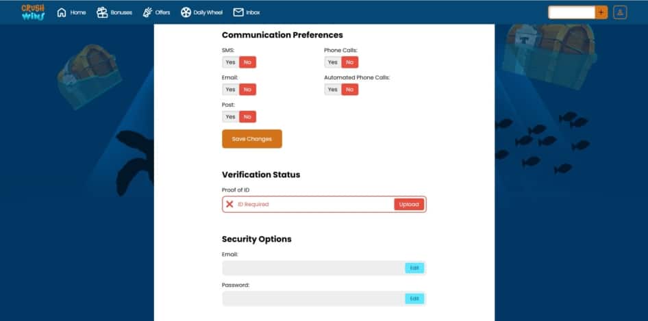 KYC page at Crush Wins