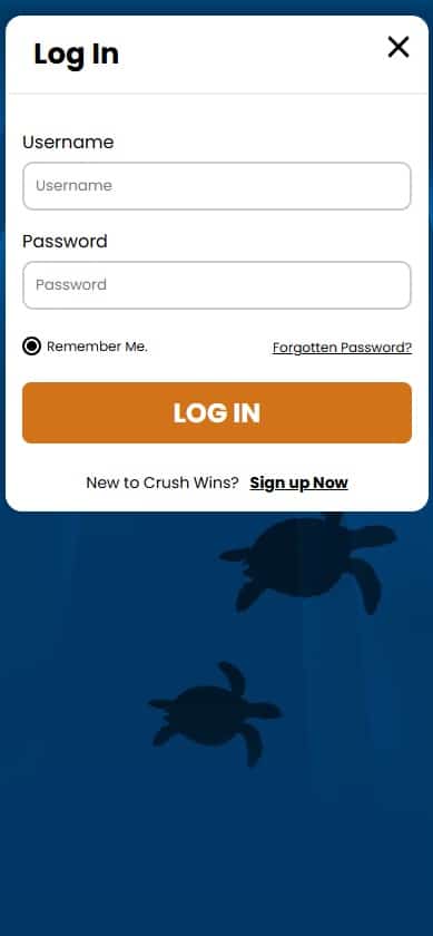 Crush Wins mobile login page