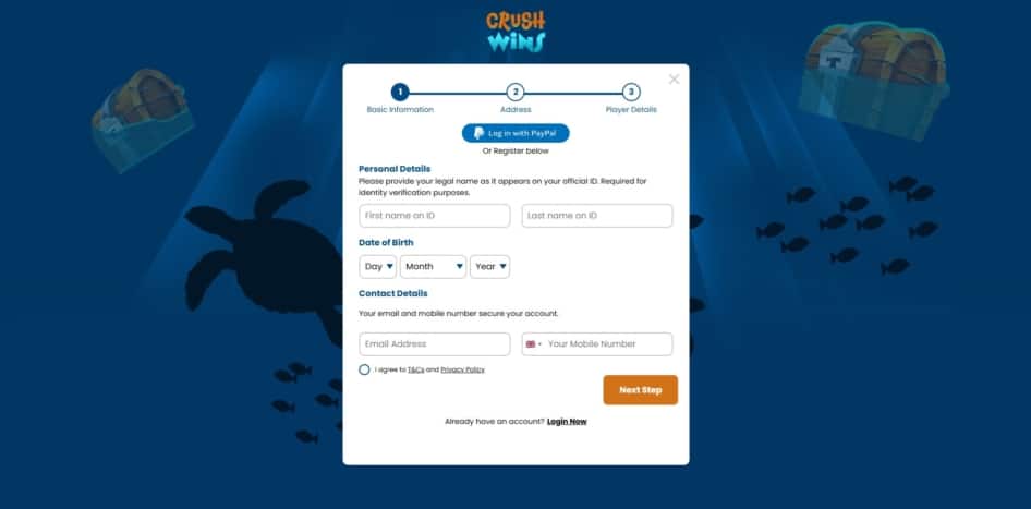 First page of the sign up process at Crush Wins