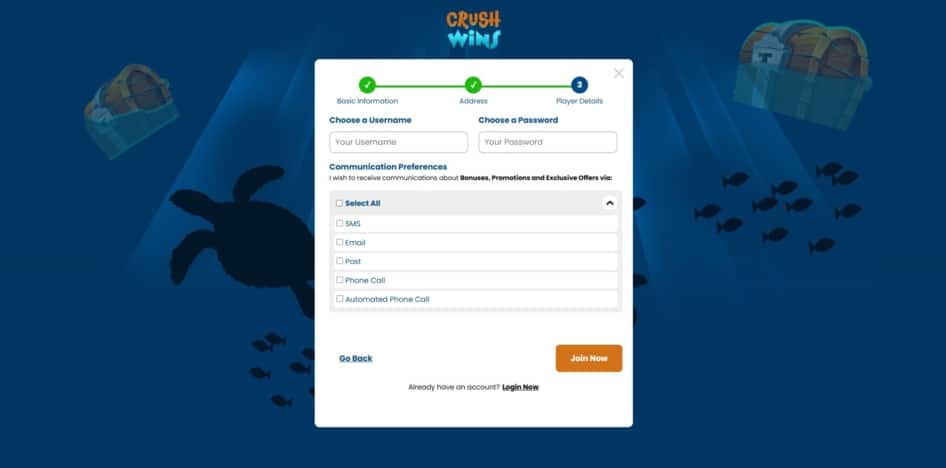 Final page of the Crush Wins sign up process
