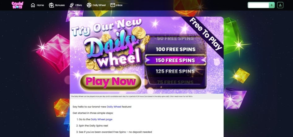 Daily Wheel promotion at Crystal Slots