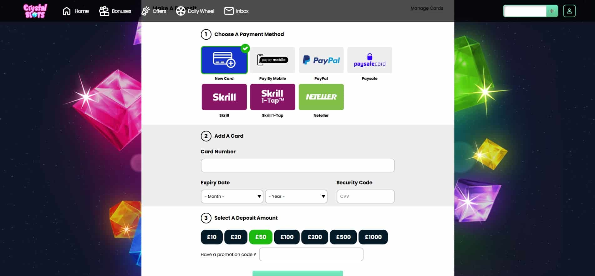 The deposit page at Crystal Slots