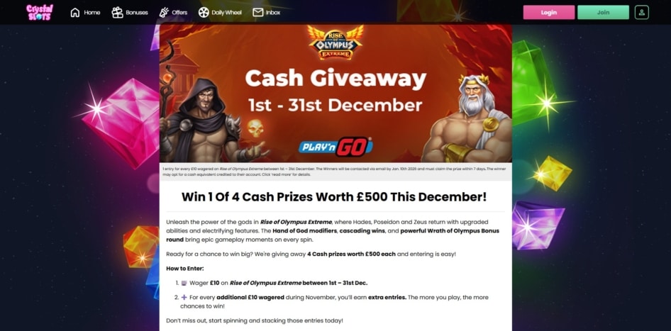 Monthly cash giveaway at Crystal Slots