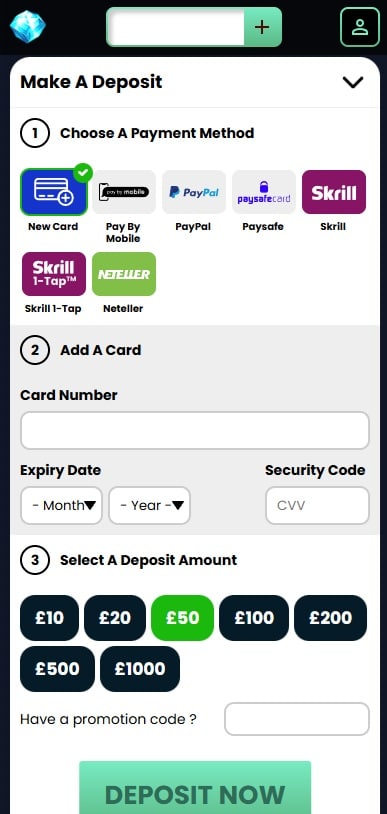 The deposit page of the Crystal Slots mobile site